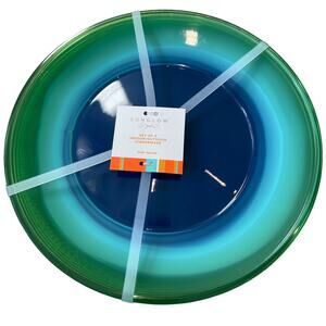 SUNGLOW STYLE Melamine Dinner Plates Blue Green Swirl Band Pattern Set of 4 NEW